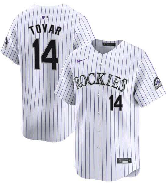 Men%27s Colorado Rockies #14 Ezequiel Tovar White White Home Limited Stitched Baseball Jersey Dzhi